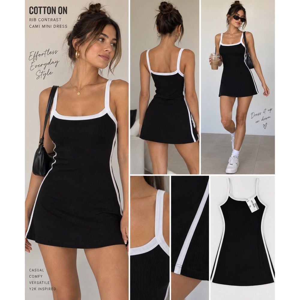 Cotton On Women Black Rib Contrast Cami Mini Dress Size S 2058092-01